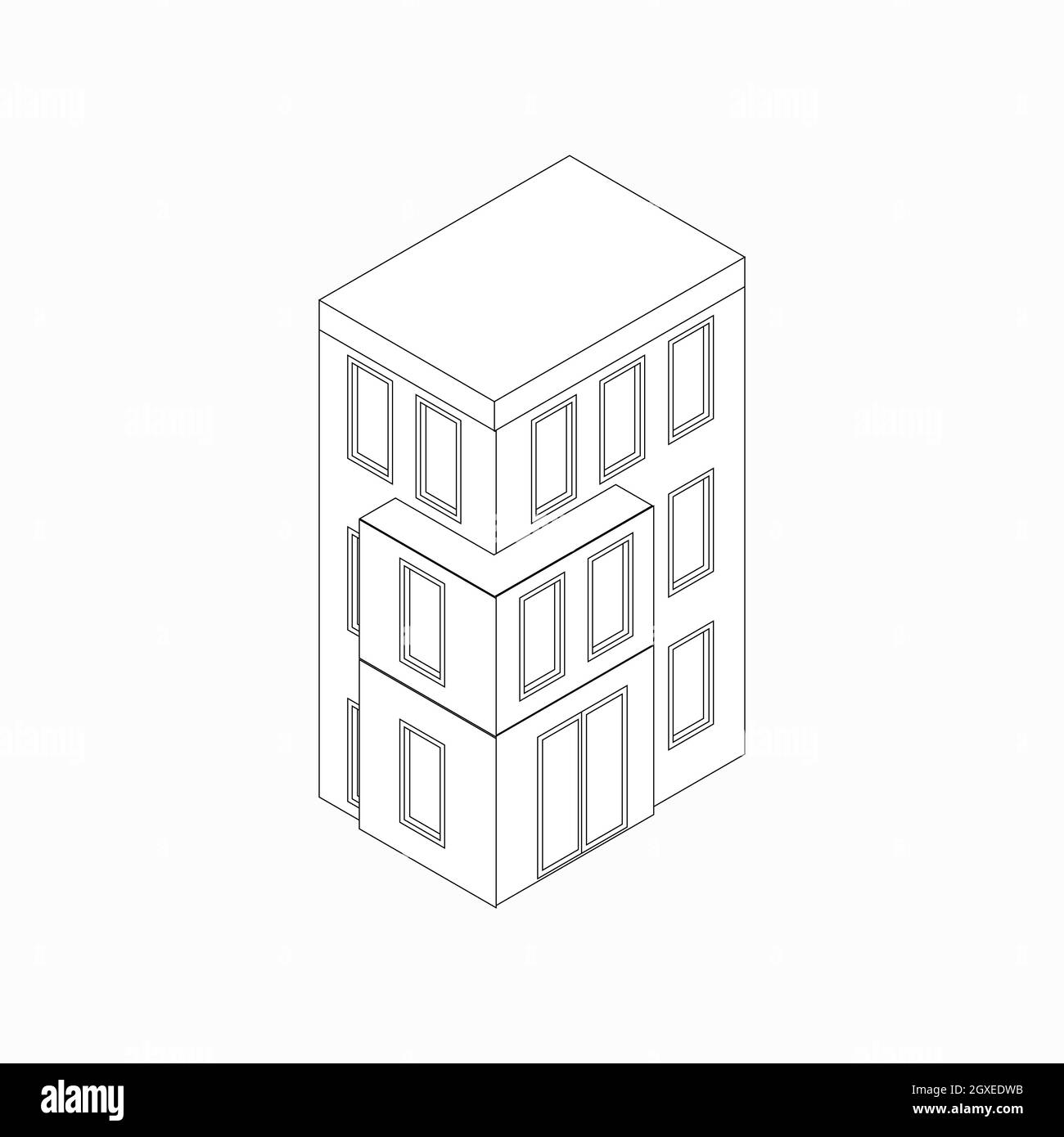 Icône de bâtiment de faible hauteur dans un style 3D isométrique isolé sur un arrière-plan blanc. Maison à trois étages Banque D'Images