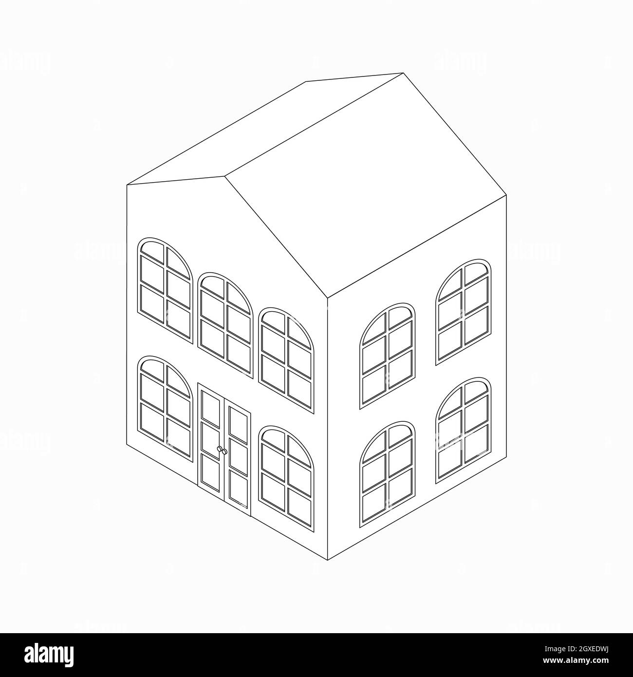 Immeuble d'appartements avec icône de fenêtres voûtées dans le style 3D isométrique isolé sur fond blanc Banque D'Images