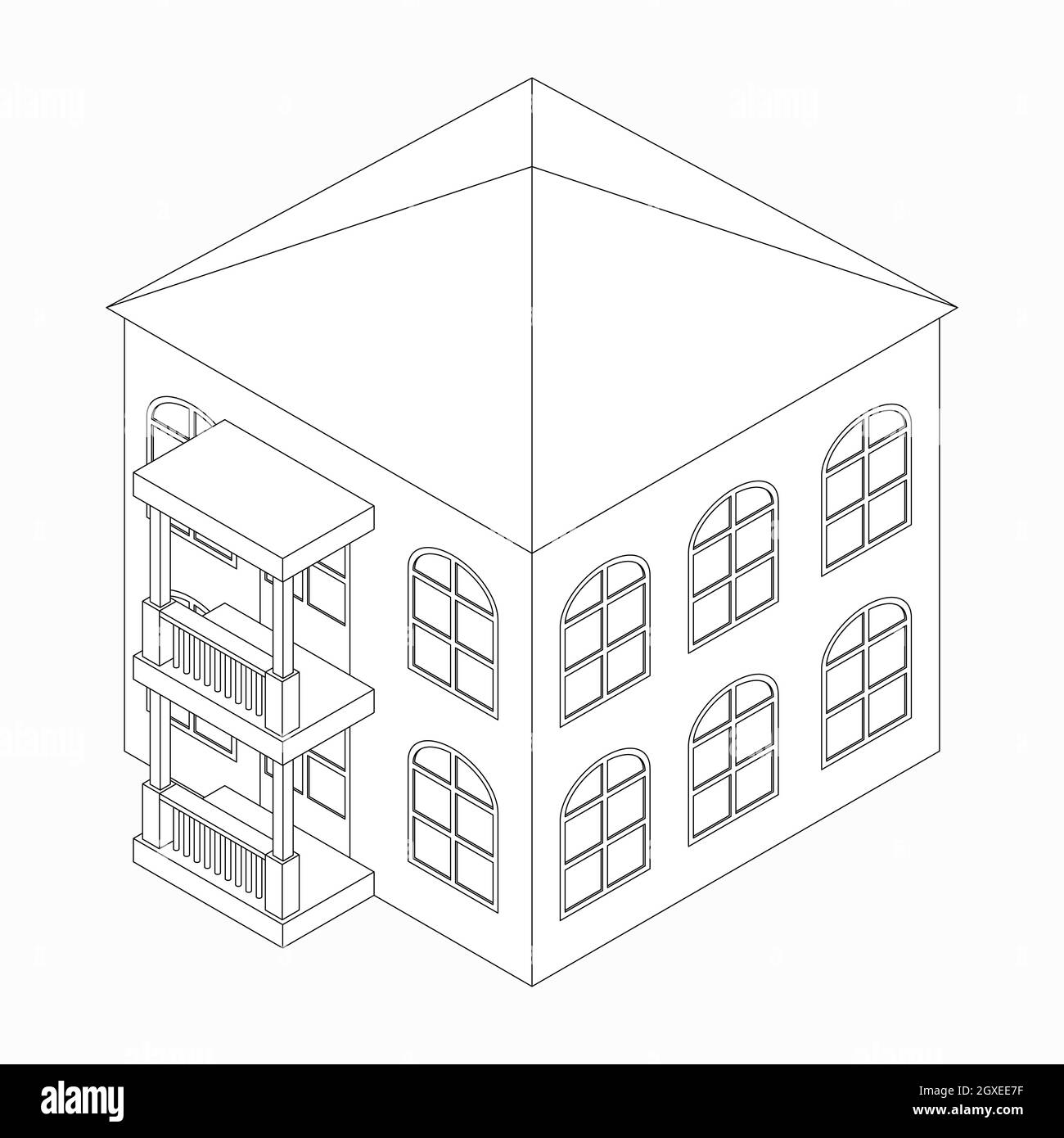 Bâtiment de faible hauteur avec icône de porche en style 3D isométrique isolé sur fond blanc Banque D'Images