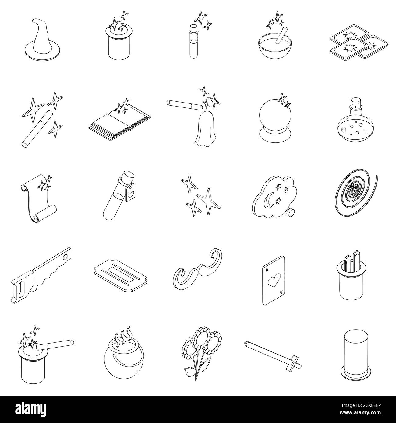 Icônes magiques définies dans le style 3D isométrique, isolées sur fond blanc Banque D'Images