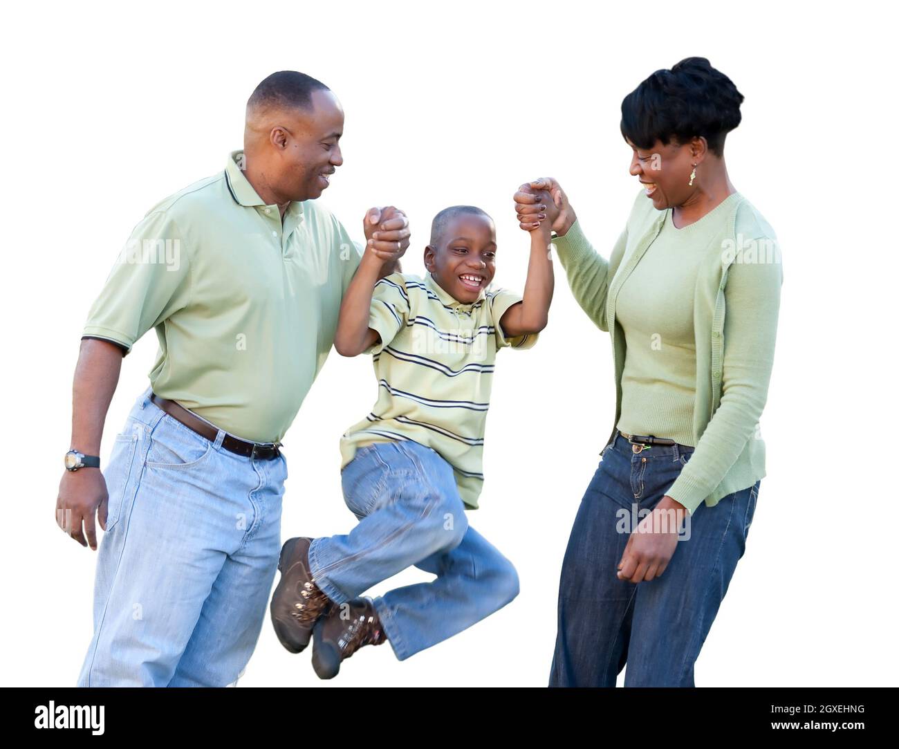 Joueur Africain américain Homme, Femme et enfant isolé sur un fond blanc. Banque D'Images