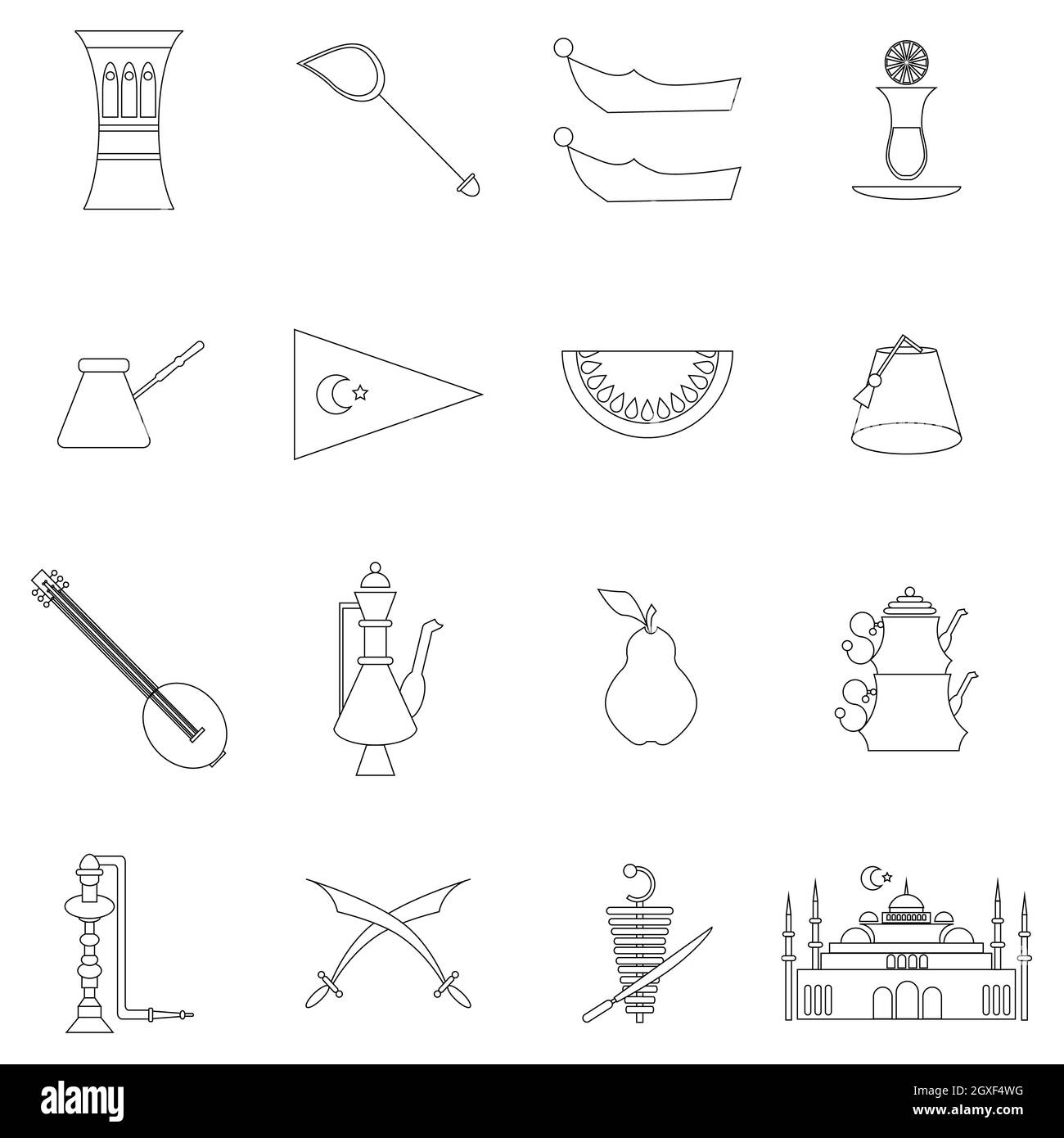 Les icônes de voyage de dinde se sont présentées dans un style de ligne mince isolé sur fond blanc Banque D'Images
