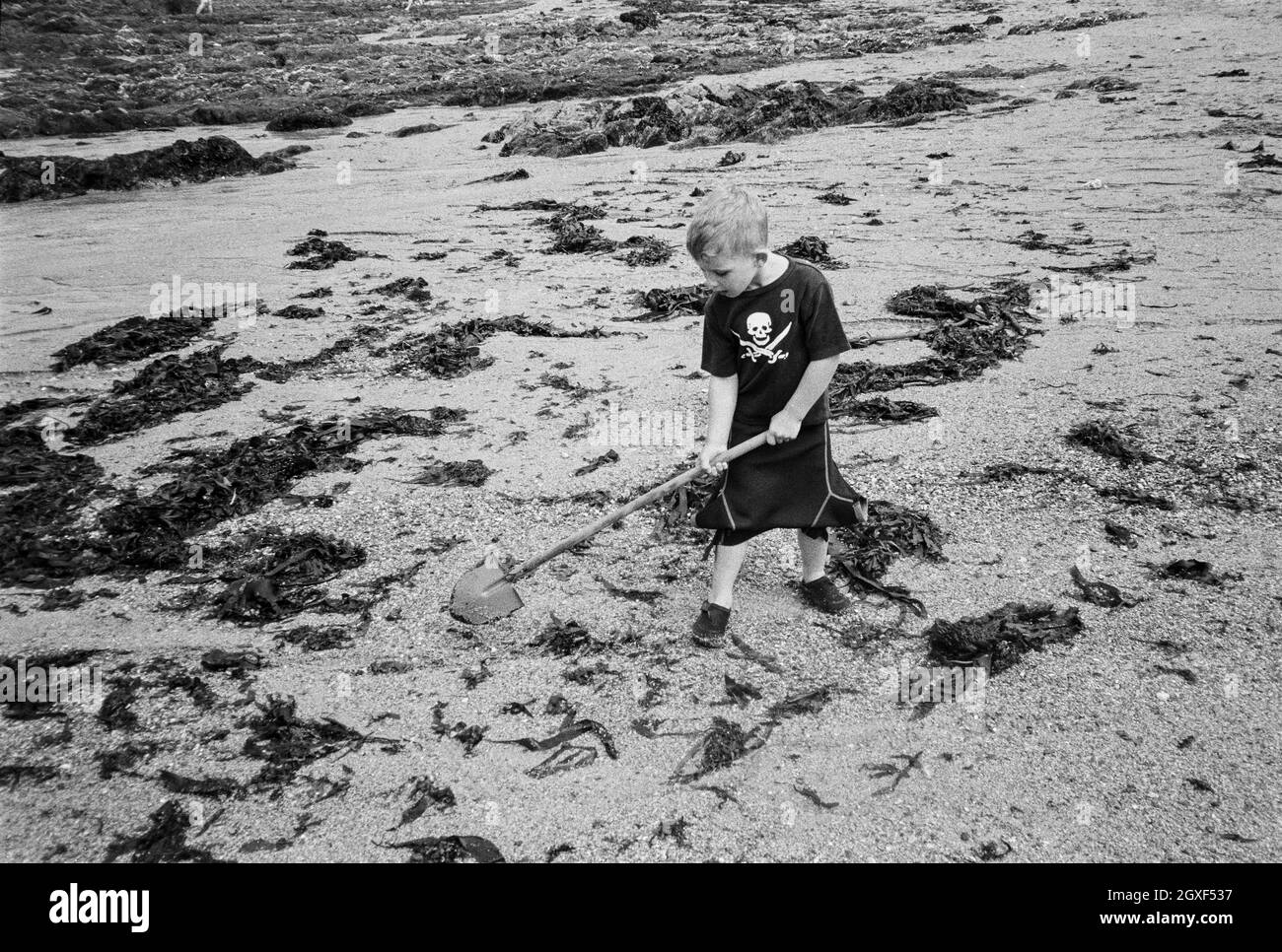 Garçon de quatre ans jouant à Hope Cove, Devon, Angleterre, Royaume-Uni. Banque D'Images