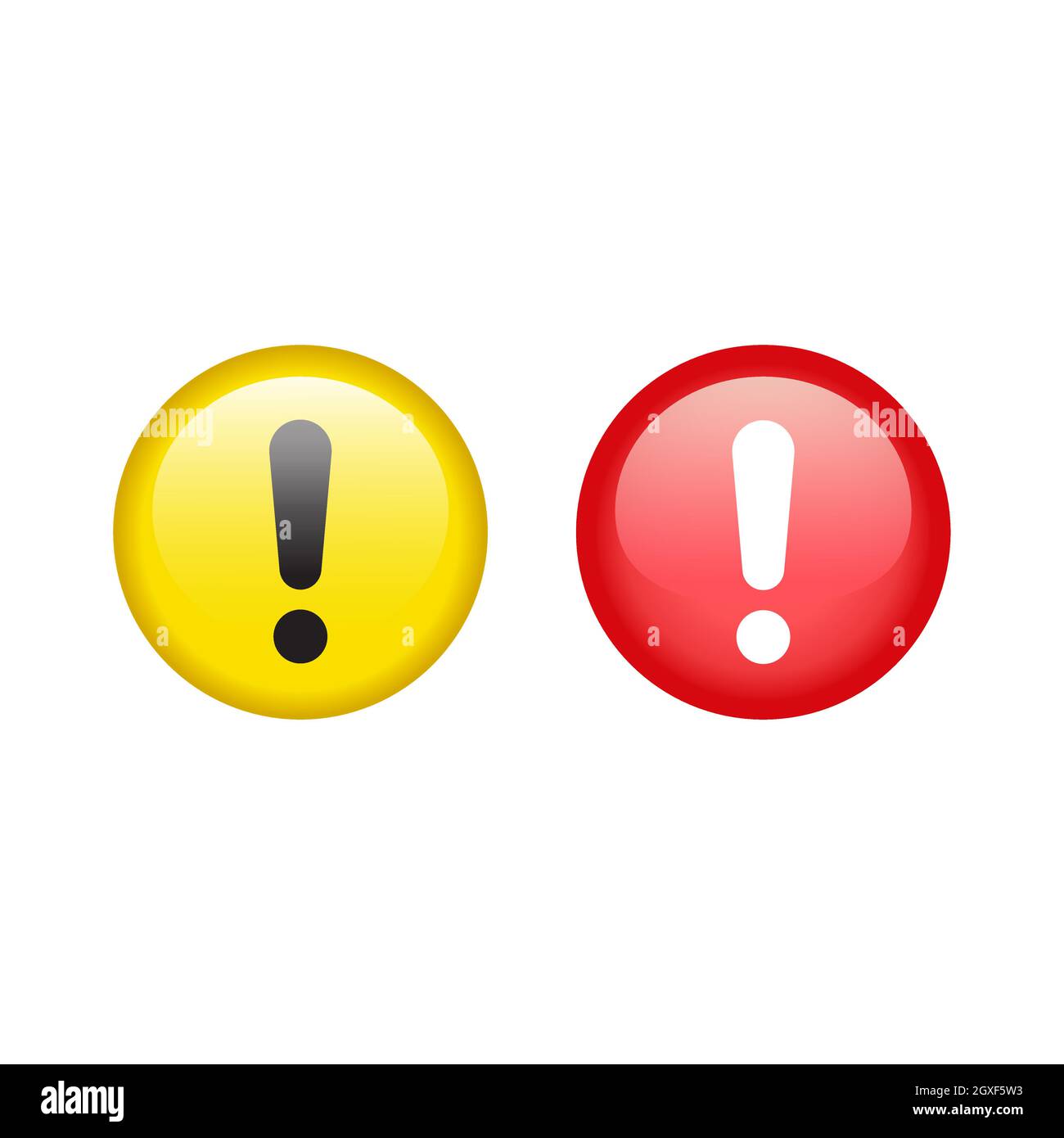 Ensemble de boutons vecteur brillant avec point d'exclamation. Icône d'avertissement rouge et jaune. Illustration de Vecteur