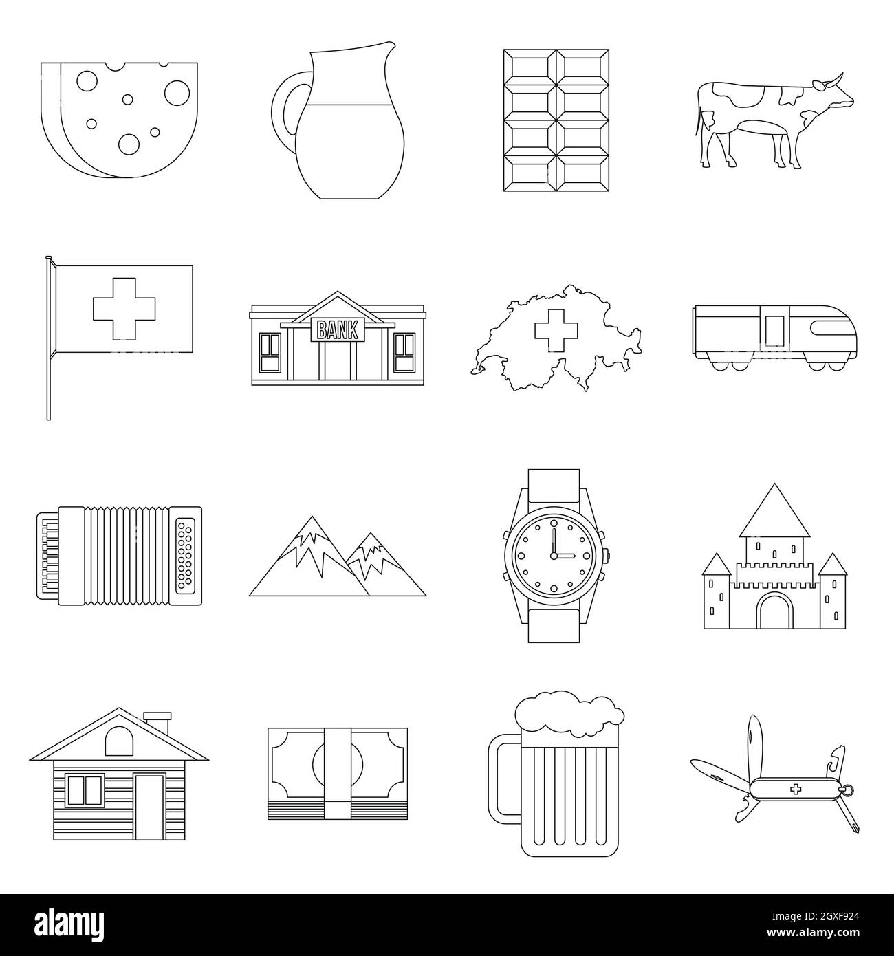 Icônes de Suisse de style contour isolé sur fond blanc Banque D'Images