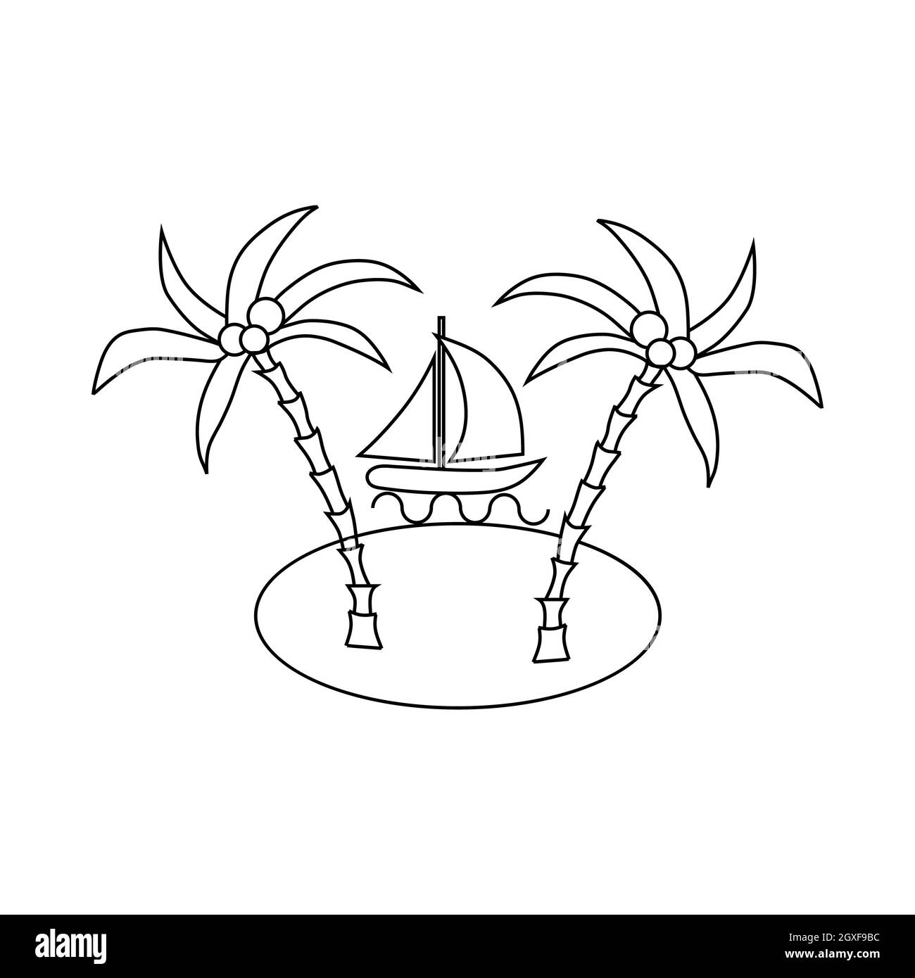 Bateau à voile et île de mer tropicale avec icône de palmiers dans le style de contour sur un fond blanc Banque D'Images