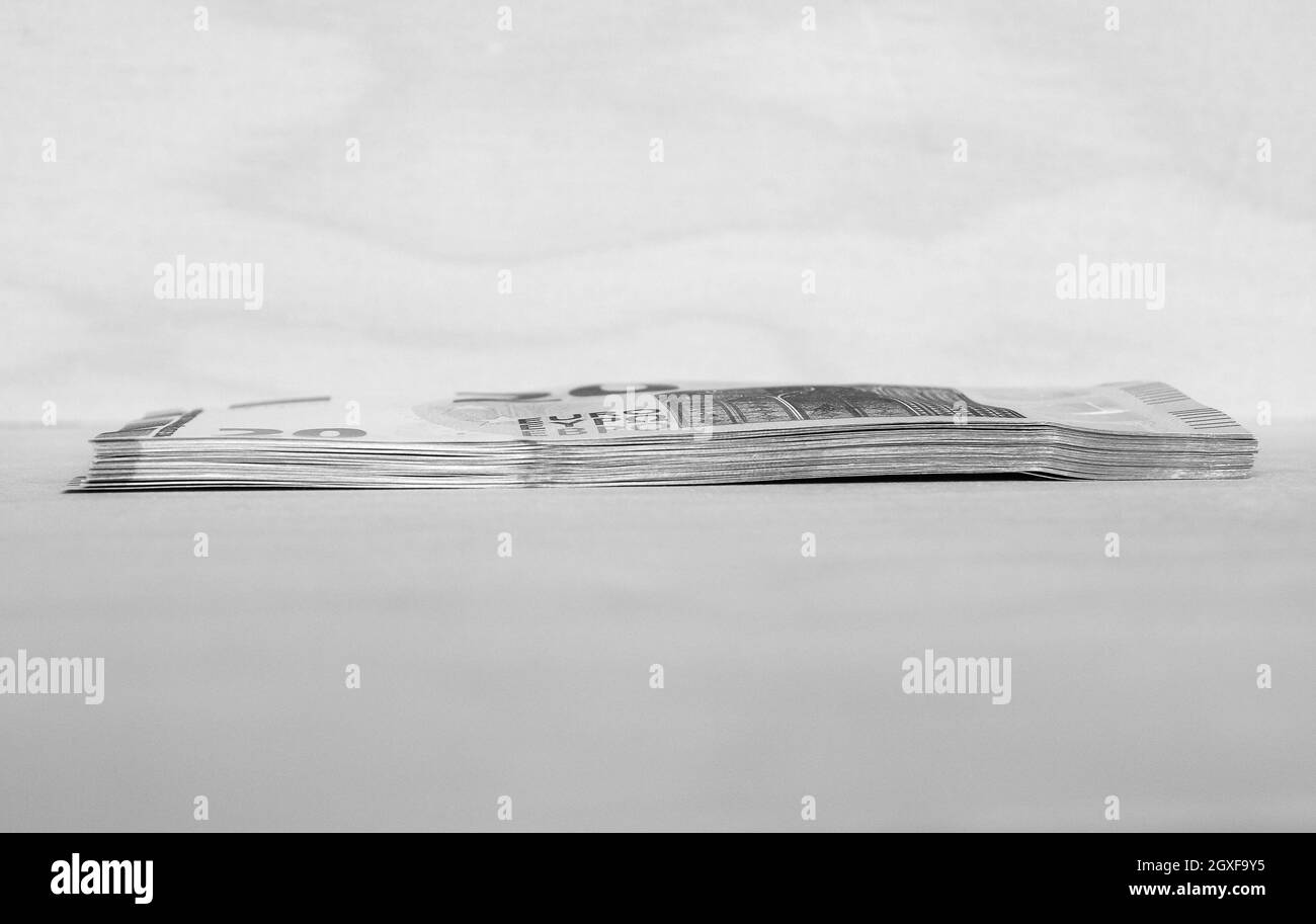 Billets et pièces en euros (EUR), monnaie de l'Union européenne en noir et blanc Banque D'Images