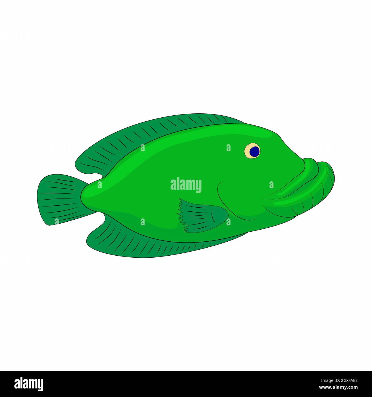 Icône de poisson vert de style dessin animé sur fond blanc Banque D'Images