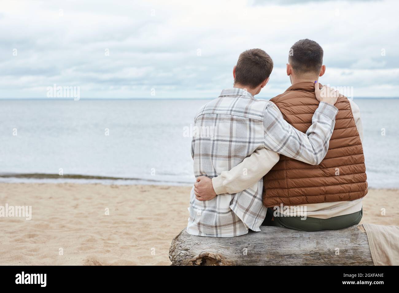 Vue arrière portrait de jeunes couples gays embrassant sur la plage tout en appréciant la vue sur la mer, espace de copie Banque D'Images