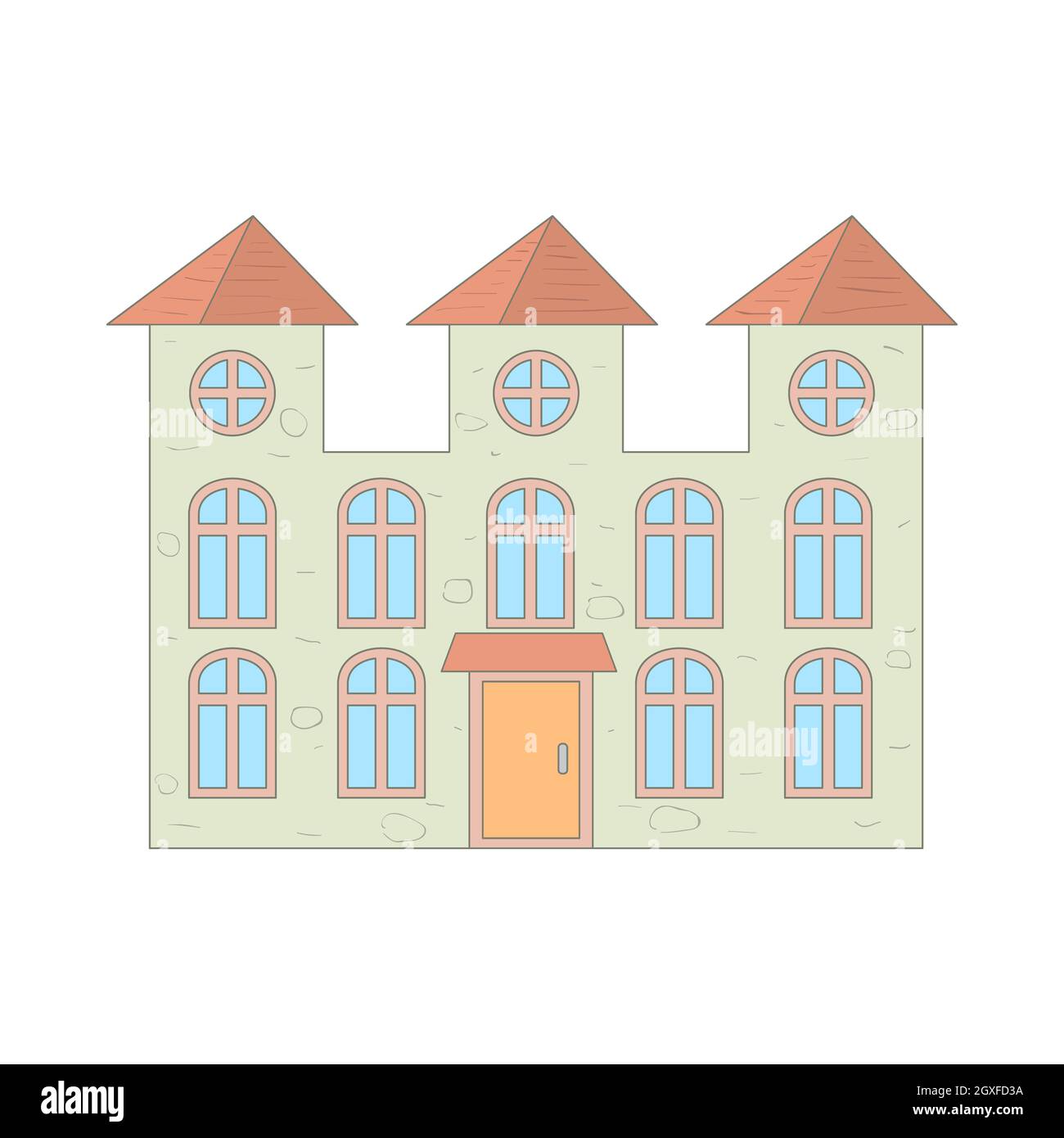 Maison de deux étages avec icône de fenêtres en forme de bande dessinée sur un fond blanc Banque D'Images