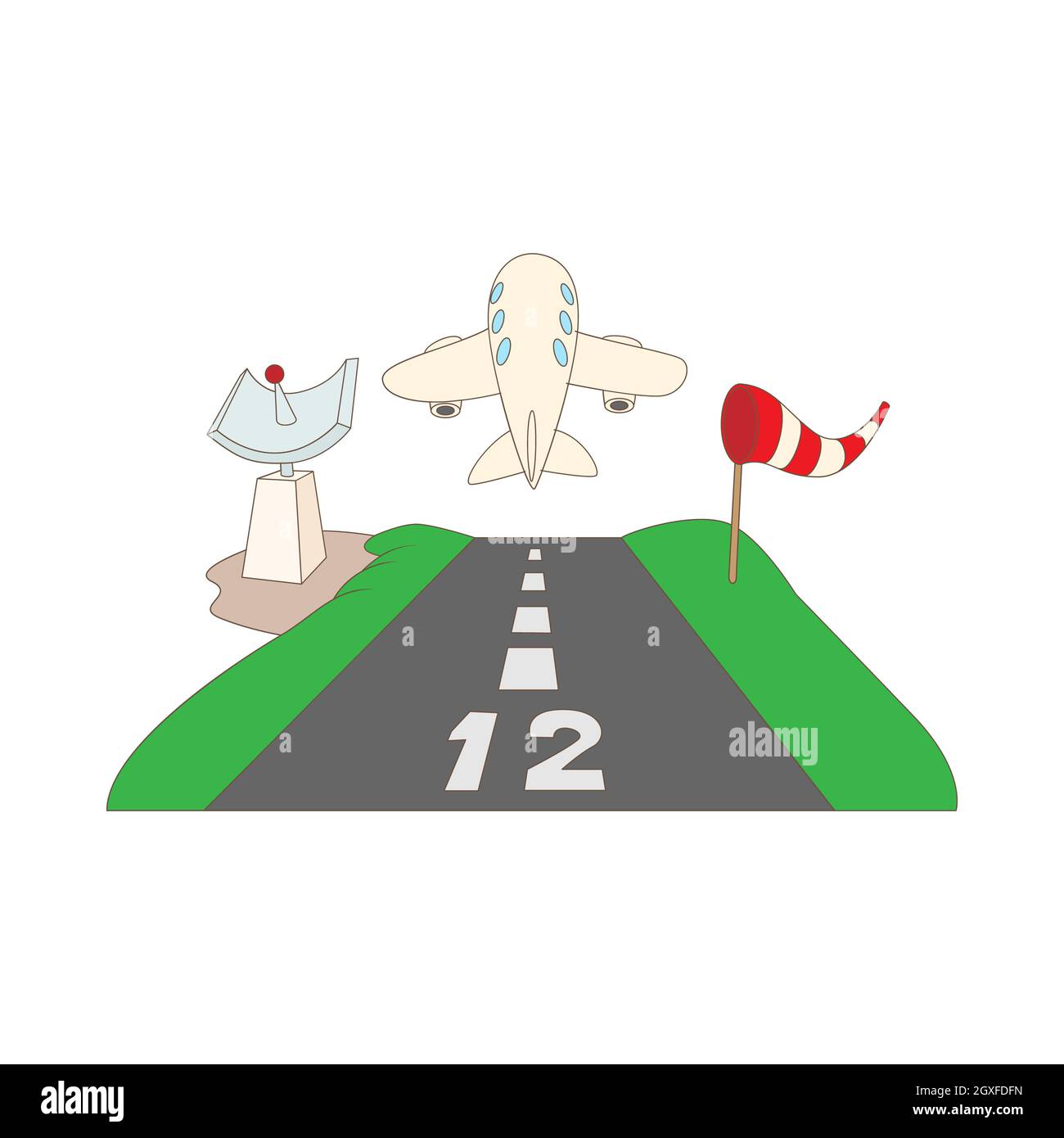 Piste d'atterrissage avec icône d'avion dans le style de dessin animé sur un fond blanc Banque D'Images