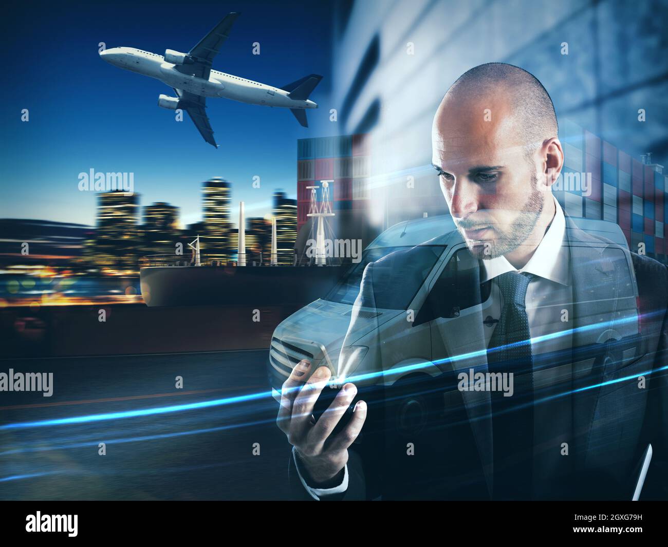 Double exposition d'images de véhicules de transport et d'un homme d'affaires. Le Rendu 3D Banque D'Images