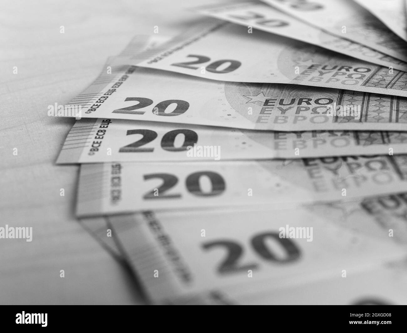Billets et pièces en euros (EUR), monnaie de l'Union européenne en noir et blanc Banque D'Images