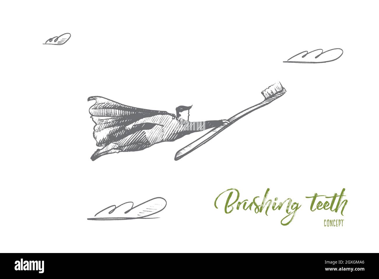 Concept de brossage des dents. Super-héros dessiné à la main avec brosse pour les dents à la main. L'homme volant tient l'illustration vectorielle isolée de la brosse à dents. Illustration de Vecteur