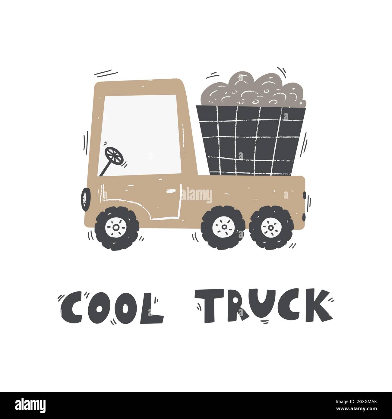 Joli camion de dessin animé avec lettrage - camion cool. Illustration vectorielle en couleur dessinée à la main pour enfants, affiche. Illustration de Vecteur