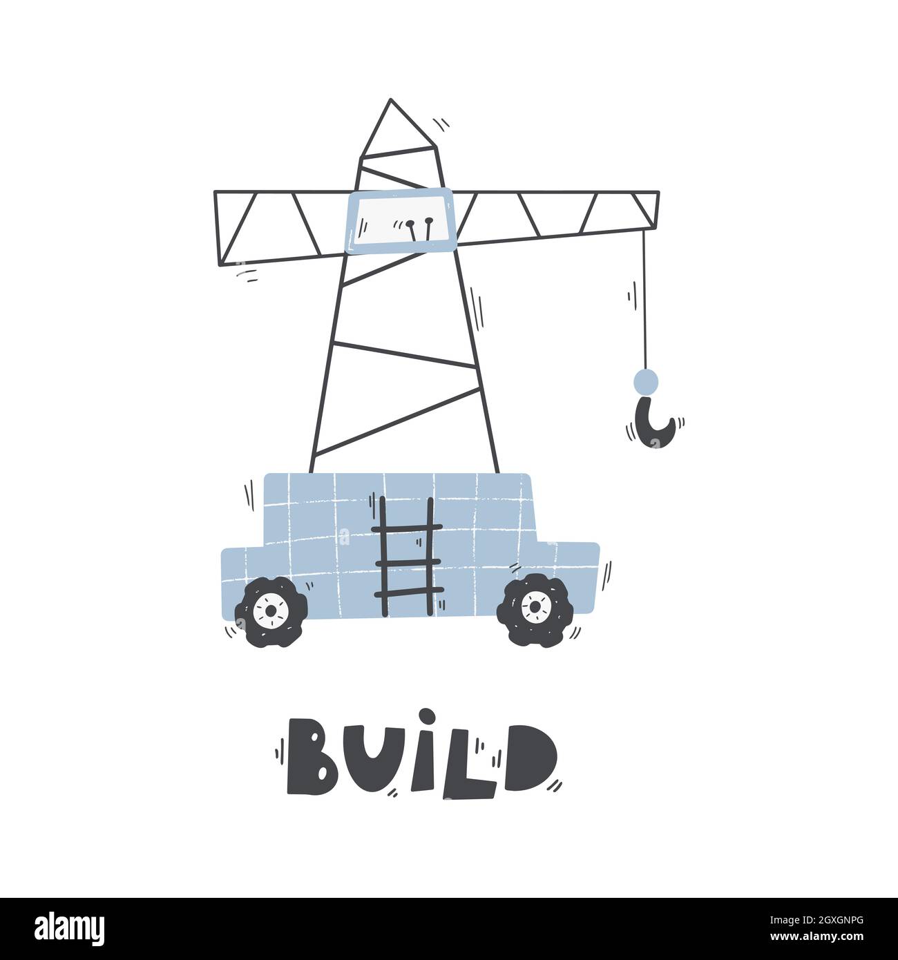 Jolie grue de levage à dessin animé avec lettrage - construire. Illustration vectorielle en couleur dessinée à la main pour enfants, affiche. Illustration de Vecteur