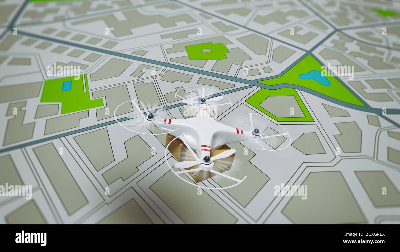 Livraison d'un paquet par air avec quadcopter Banque D'Images