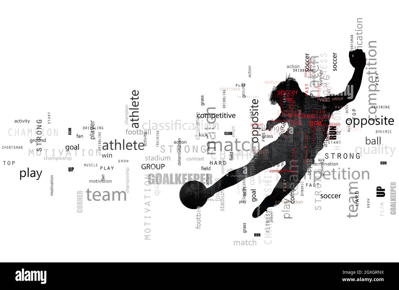 Scène de football d'une silhouette de joueur de football en action pendant un coup de pied. Effet de texte en superposition avec les termes les plus utilisés. Arrière-plan abstrait Banque D'Images