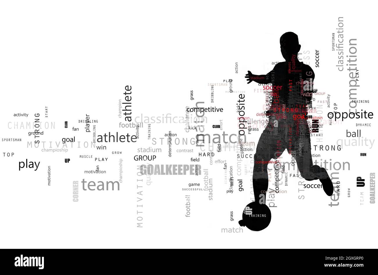 Scène de football d'une silhouette de joueur de football en action pendant un coup de pied. Effet de texte en superposition avec les termes les plus utilisés. Arrière-plan abstrait Banque D'Images