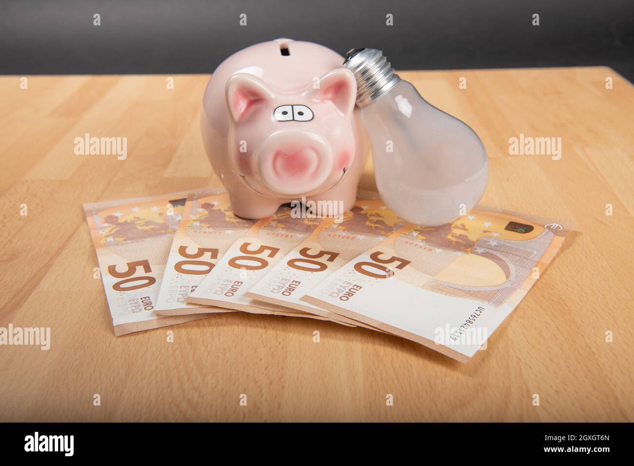 Concept prix de l'énergie :Banque Piggy avec ampoule et argent sur fond de bois. Banque D'Images