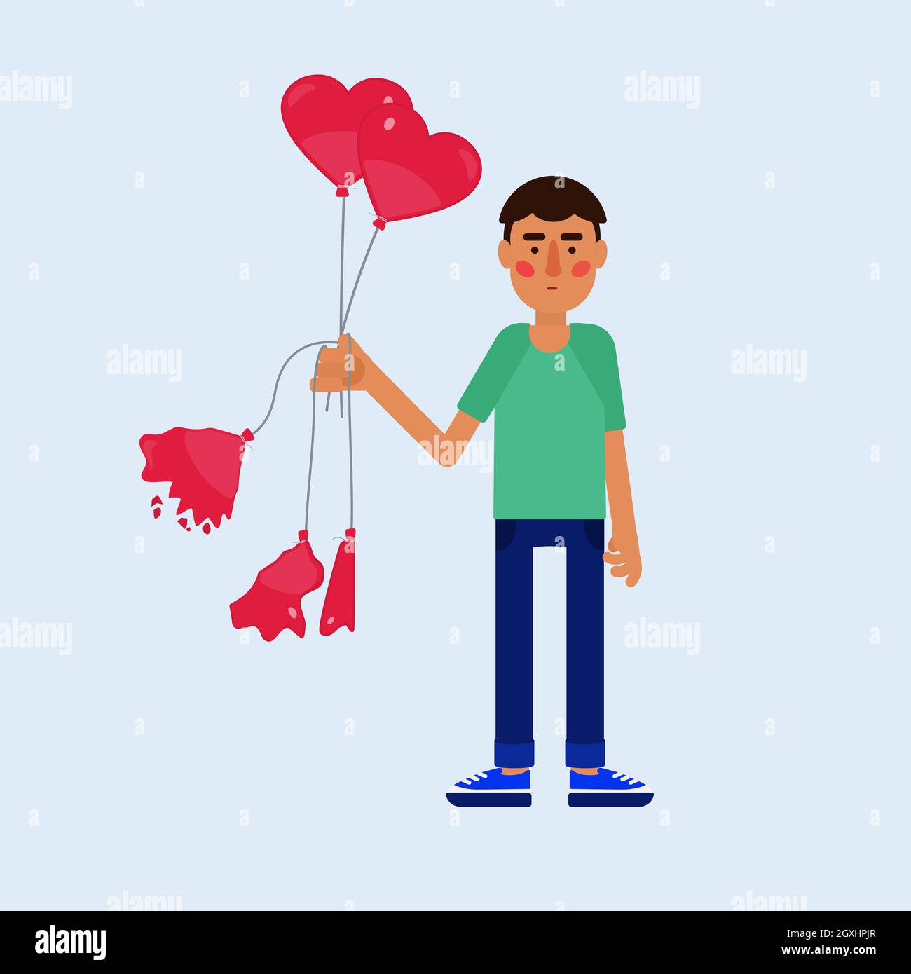 Homme tenant des ballons avec des formes de coeur. Bulles éclatées et dégonflées. Métaphore de la rupture, personne déchirée. Illustration de Vecteur