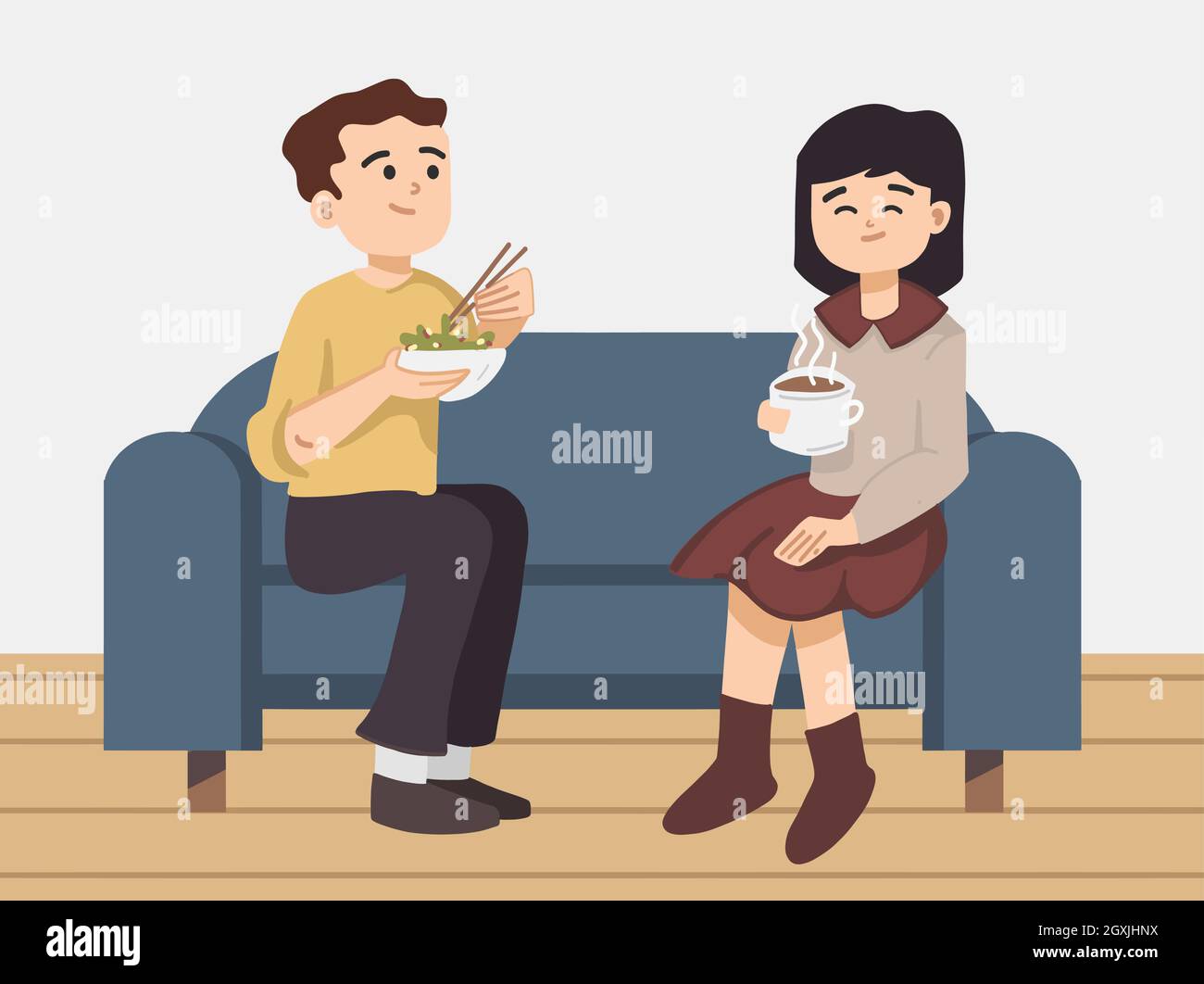 Illustration d'un jeune couple, visiteur de café sur le canapé de café ayant de la nourriture et de bavarder. Illustration moderne du concept de vecteur plat. Illustration de Vecteur