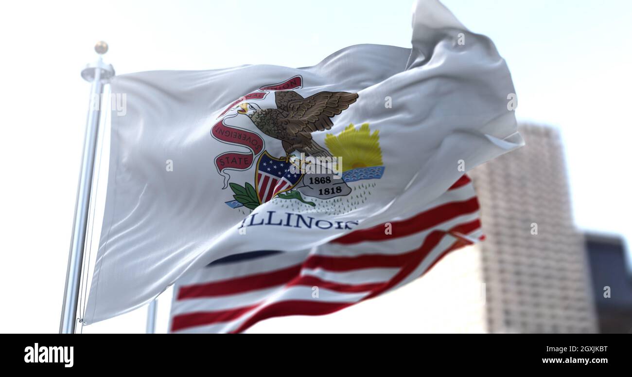 Le drapeau de l'État de l'Illinois flirtant dans le vent avec le drapeau national américain flou en arrière-plan. Démocratie et indépendance. Midwest américain Banque D'Images