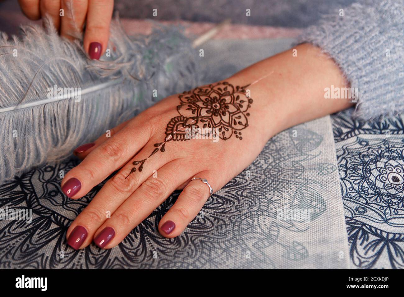 Tatouage Mehendi. Femme mains avec tatouage henné Photo Stock - Alamy