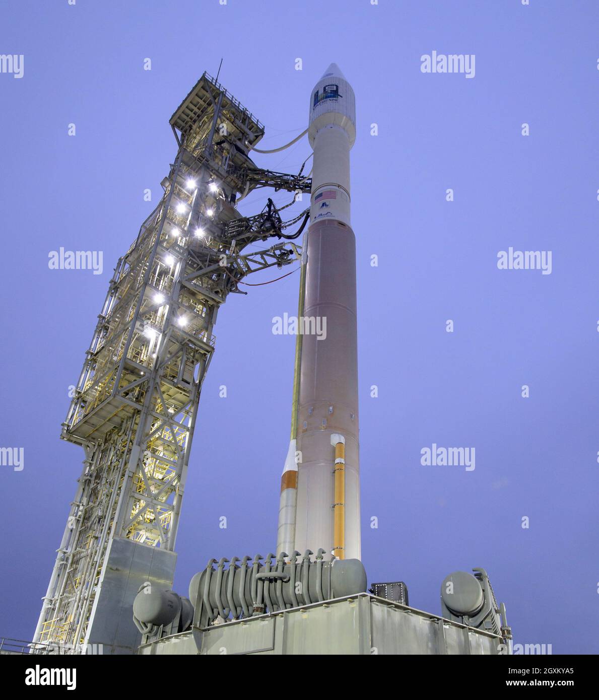 La fusée Atlas V de United Launch Alliance avec le satellite Landsat 9 de la NASA est prête pour le lancement à partir du complexe de lancement spatial 3, base spatiale de Vandenberg le 27 septembre 2021 à Lompoc, en Californie. Banque D'Images