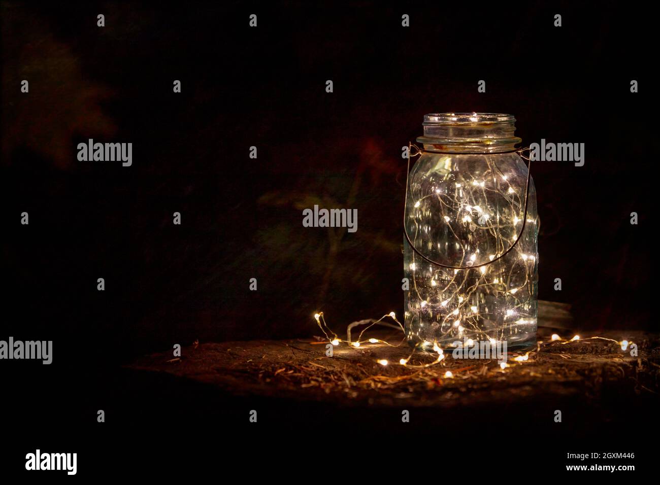 Pot Mason avec lumières scintillantes sur une souche de log la nuit Banque D'Images