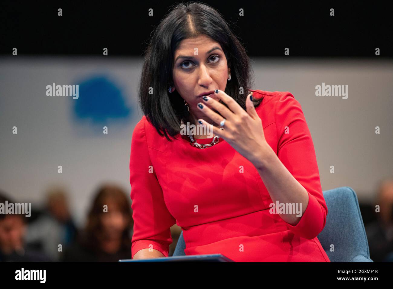 Manchester, Angleterre, Royaume-Uni. 5 octobre 2021. PHOTO: Suella Braverman MP - Procureur général, vu parler de la Grande-Bretagne mondiale: Notre plan pour l'immigration. Scènes pendant la Conférence du parti conservateur #CPC21. Crédit : Colin Fisher/Alay Live News Banque D'Images