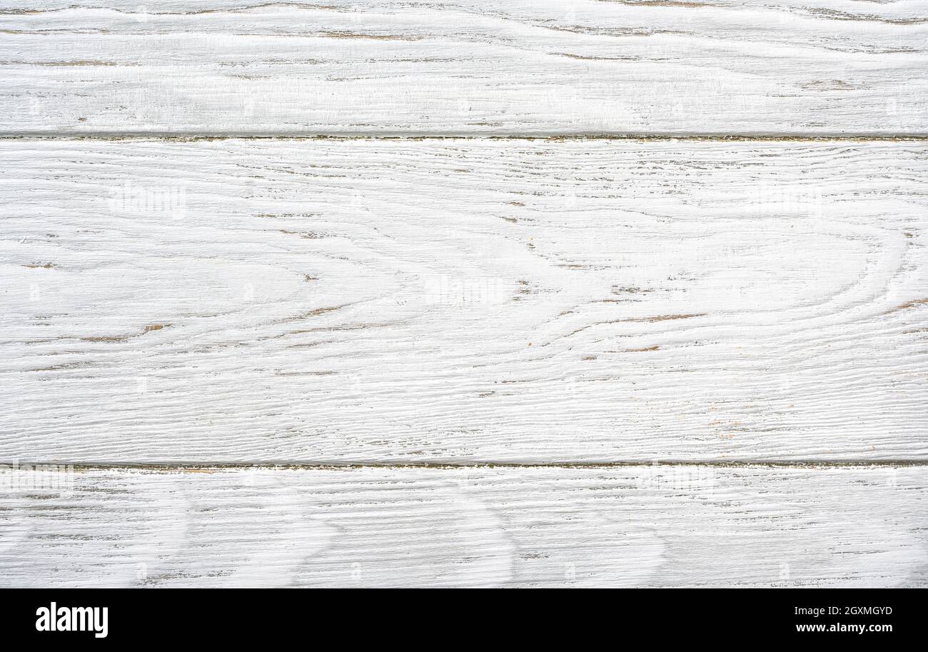 Arrière-plan texture bois, vue de dessus d'une table en bois clair vide. Planches rustiques blanches rugueuses pour toile de fond et papier peint. Peint de vieux panneaux de grange, de bois Banque D'Images