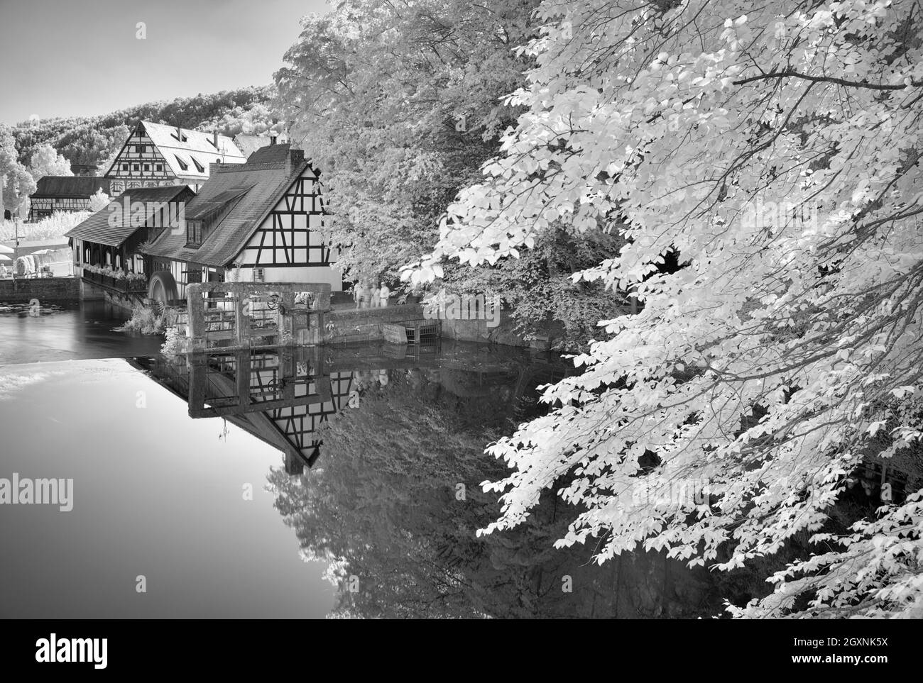 Image infrarouge, moulin à marteaux historique, musée, source karstique du Blau, Blatopf à Blaubeuren, Alb souabe, Bade-Wurtemberg, Allemagne Banque D'Images