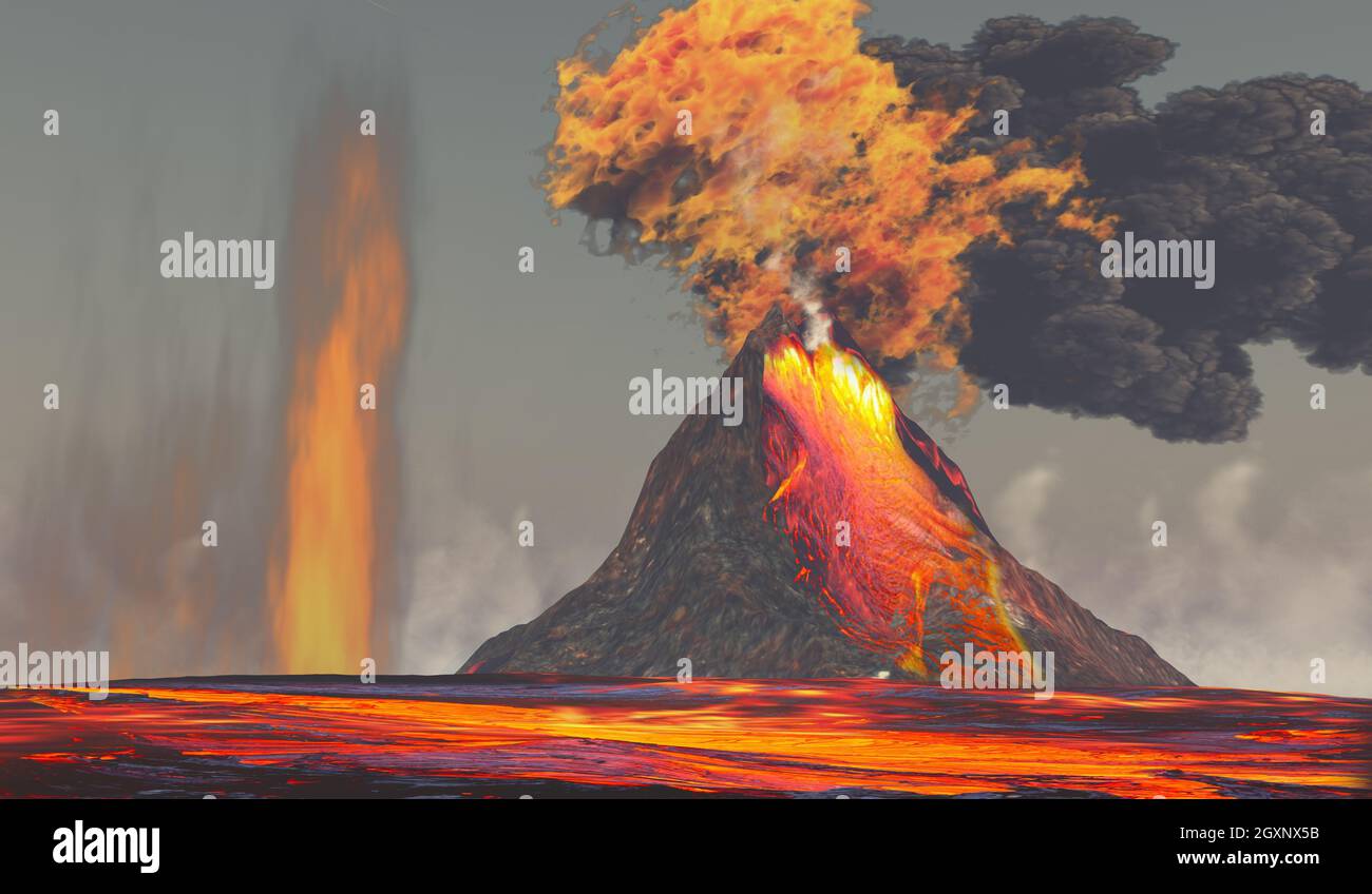Volcan avec Lava et feu - Un volcan éclate avec de la lave rouge chaude en fusion avec de la fumée et du feu. Banque D'Images