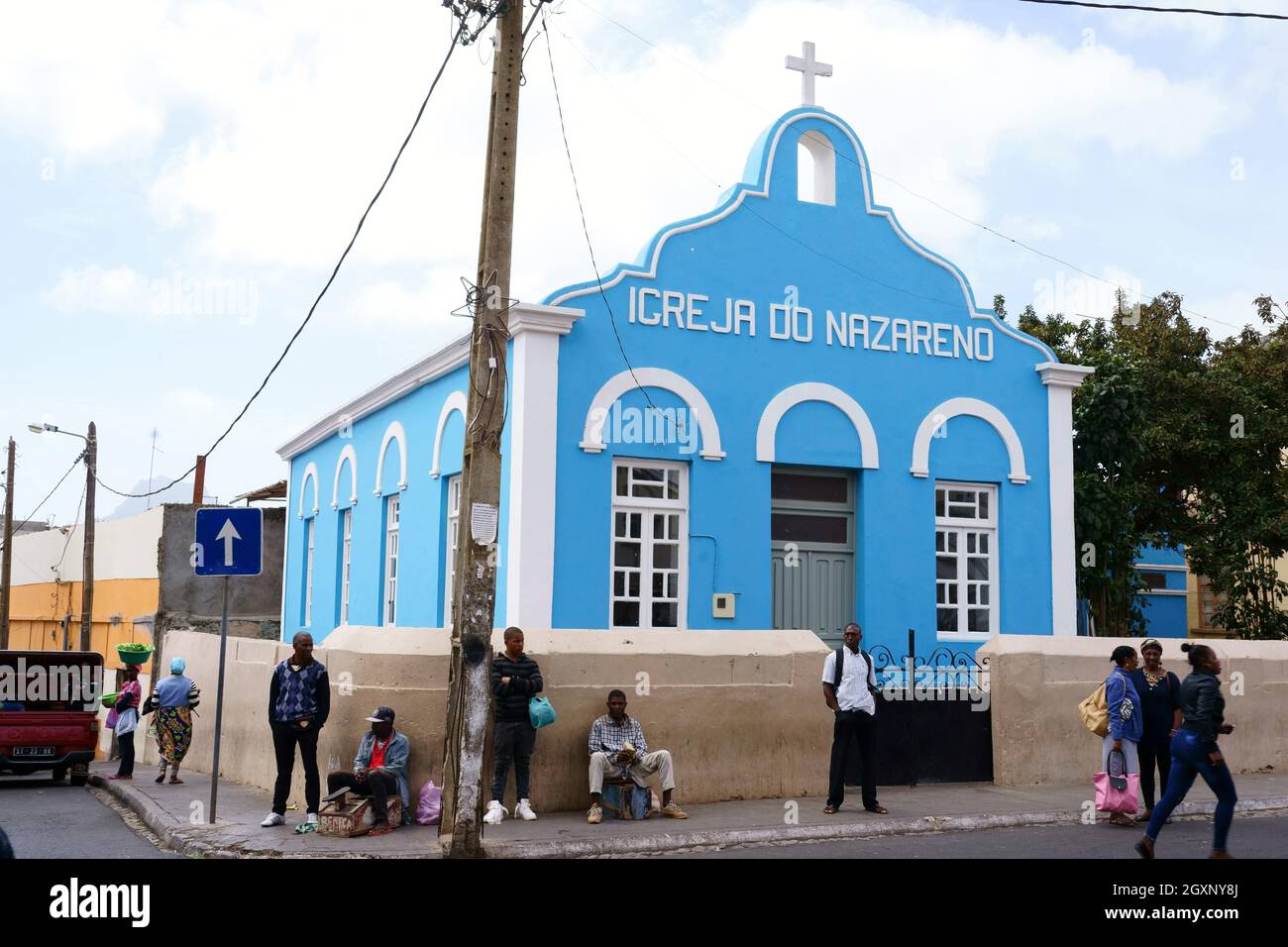 Église protestante bleue, Assomada, île de Santiago, République du Cap-Vert Banque D'Images Église protestante bleue, Assomada, île de Santiago, République du Cap-Vert Banque D'Images
