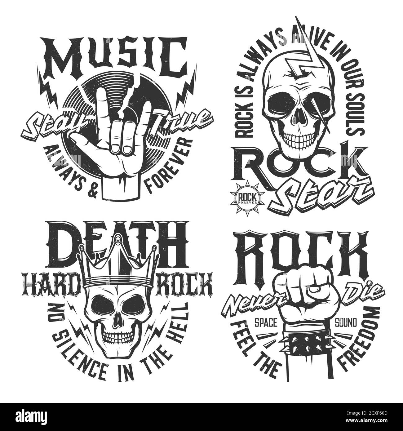Imprimés t-shirt Hard Rock Skull, symboles et badges de vecteur de concert rock. Le festival de musique de hard rock et le club de rocker emblèmes avec crâne dans la couronne, le poing Illustration de Vecteur