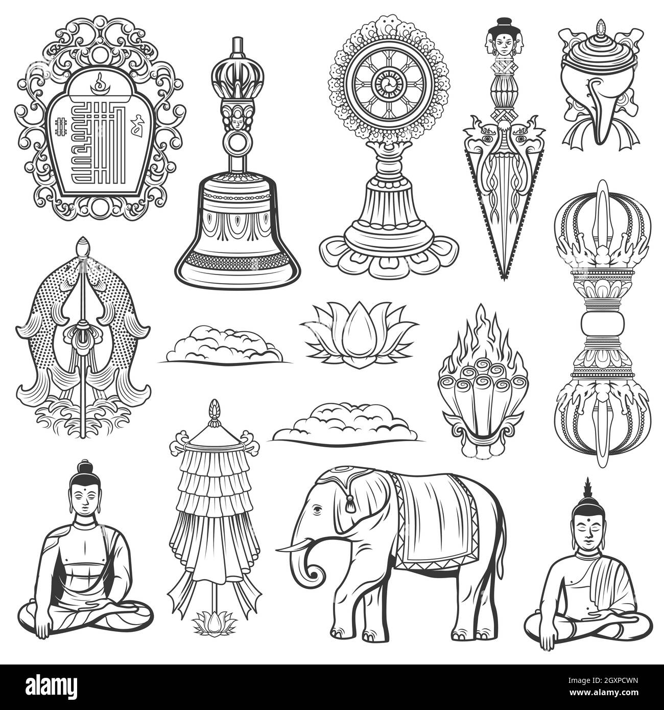 Bouddhisme tibétain religion symboles sacrés. Vecteur symbole Kalachakra,  tribu cloche et roue dharma, couteau de Kila, coquille de coch et poisson  doré, lotus, vajra Image Vectorielle Stock - Alamy