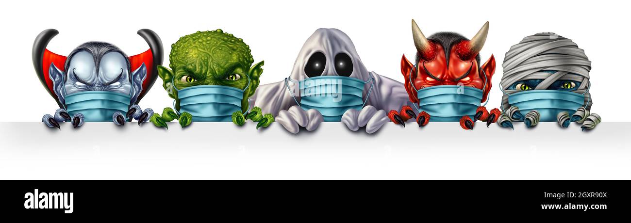 Halloween Medical Safety Monster Group avec Mummy Ghost et les monstres vampire portant un masque protecteur avec un mutant zombie créepy. Banque D'Images