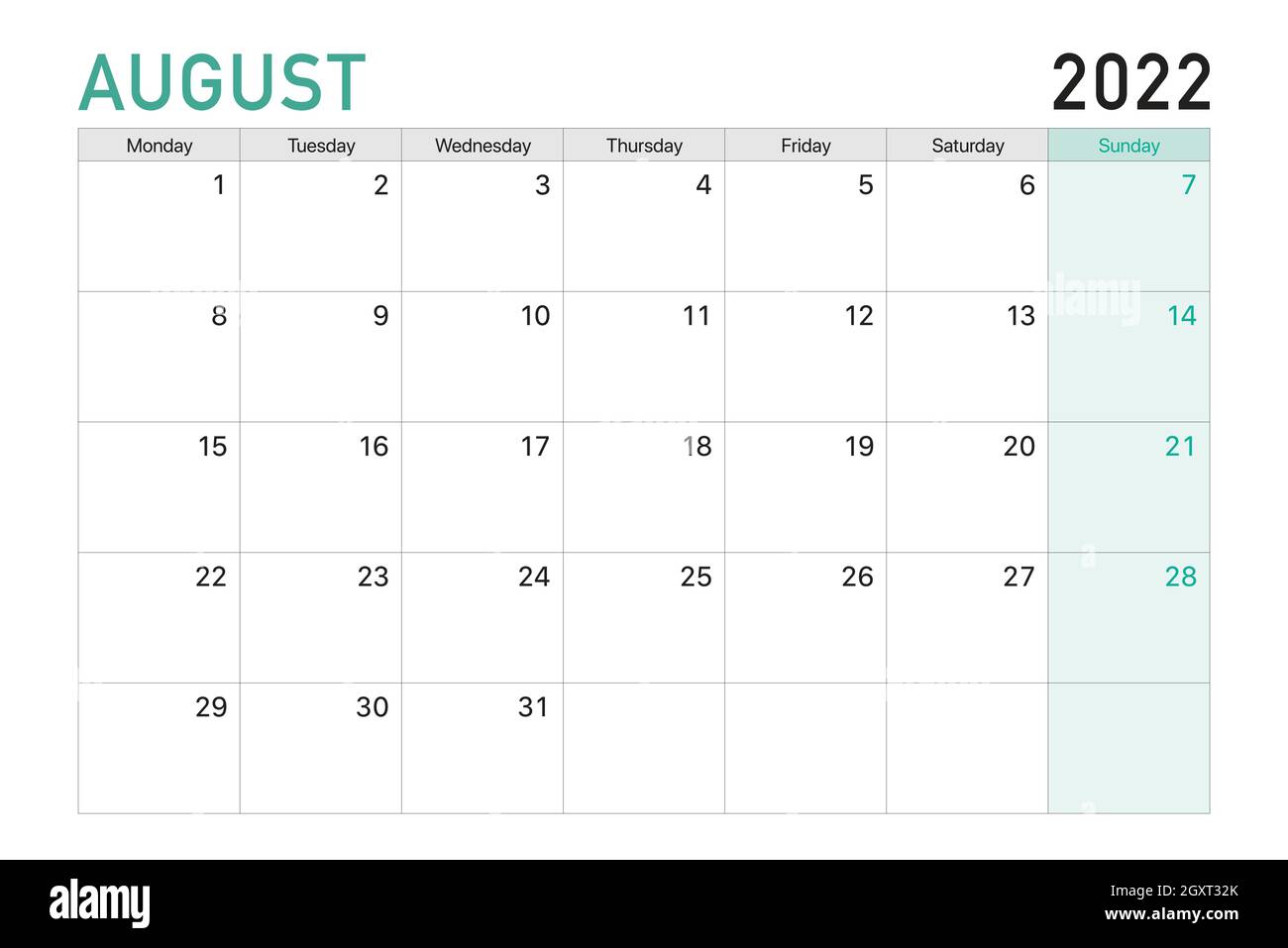 2022 août illustration bureau vecteur calendrier semaines commencent le lundi dans le vert clair et le thème blanc Illustration de Vecteur