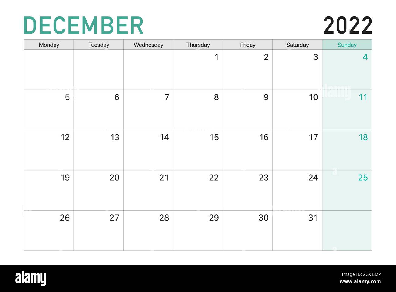 2022 décembre illustration vecteur bureau calendrier semaines commencent le lundi dans le vert clair et le thème blanc Illustration de Vecteur
