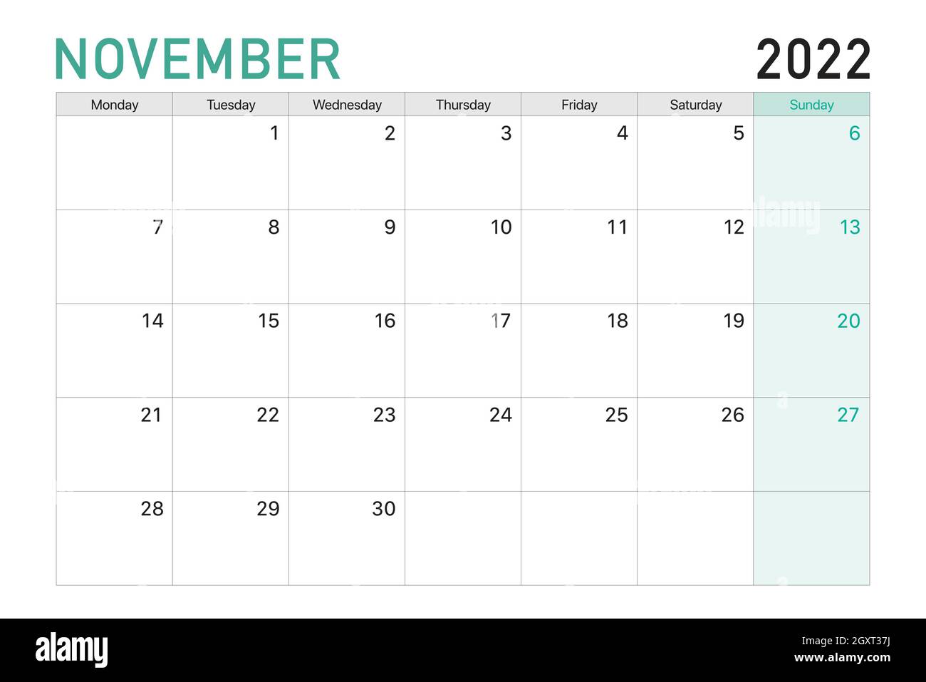 2022 novembre illustration bureau vecteur calendrier semaines commencent le lundi dans le vert clair et le thème blanc Illustration de Vecteur