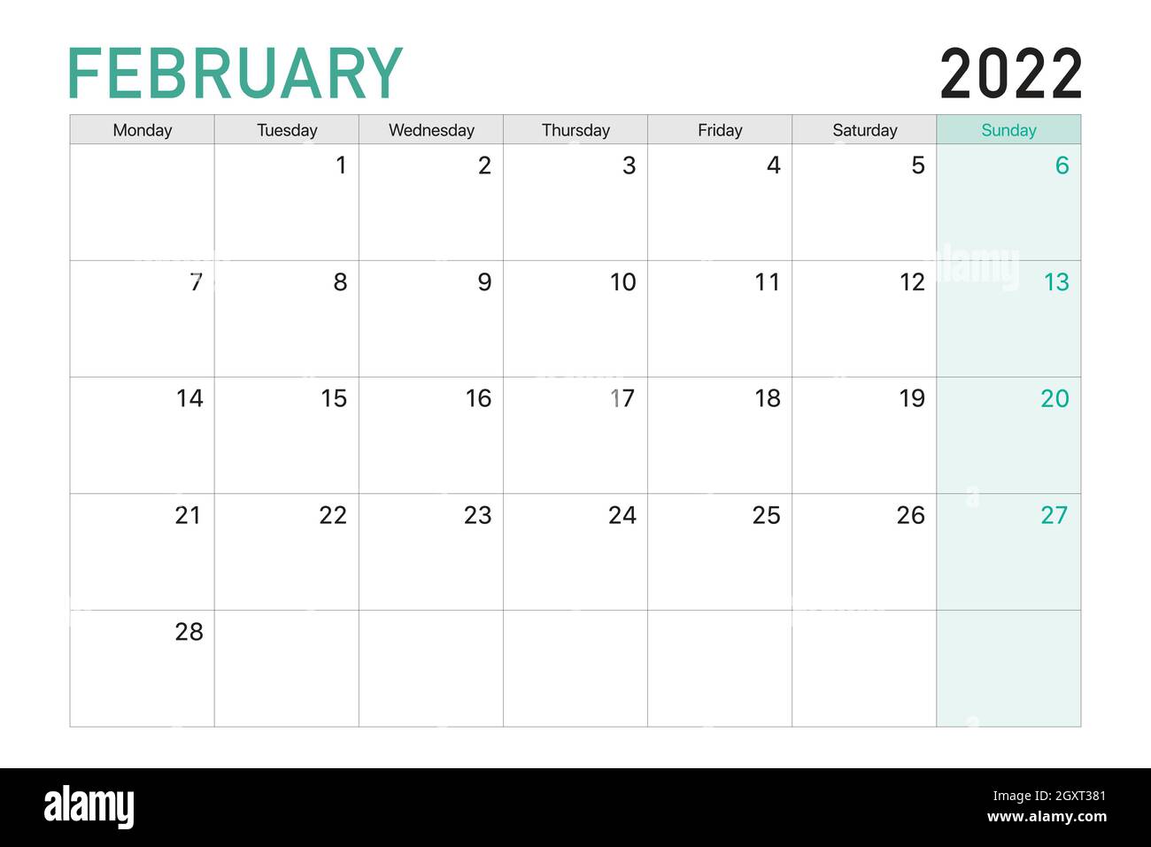 2022 février illustration bureau vecteur calendrier semaines commencent le lundi dans le vert clair et le thème blanc Illustration de Vecteur