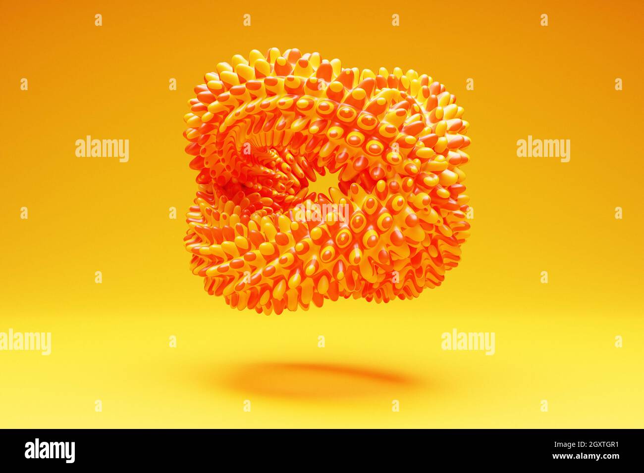 Rendu 3D deux anneaux de boutons orange, fractal, portail sur fond bleu isolé Banque D'Images