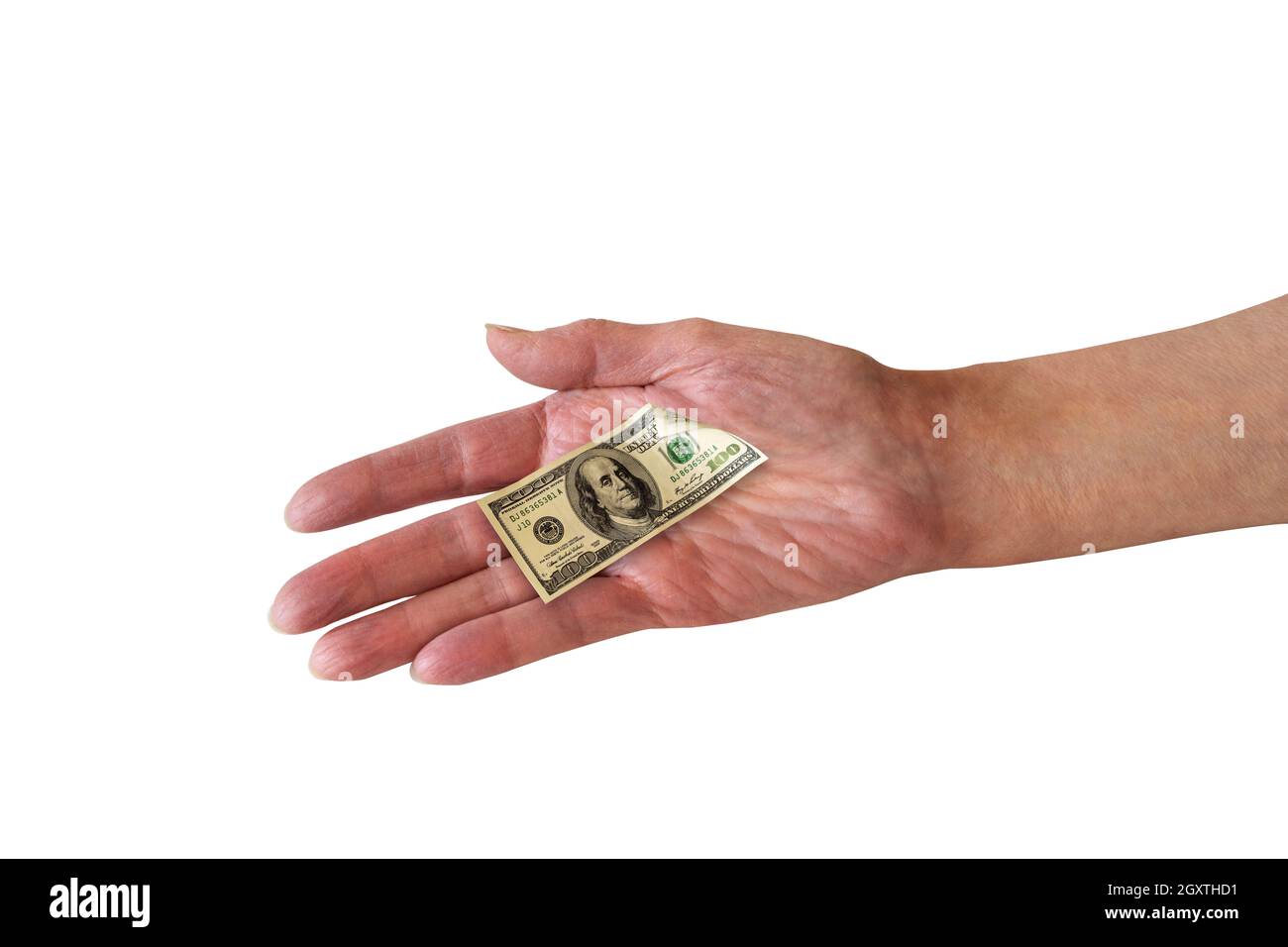 Inflation conceptuelle.Minuscule facture de 100 dollars à la main. Banque D'Images