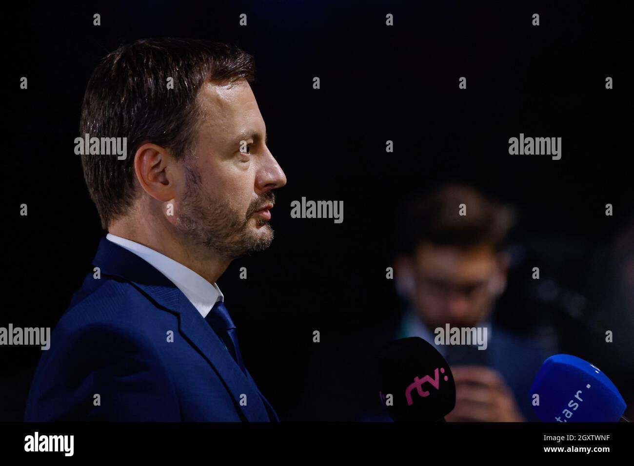 Brdo PRI Kranju, Slovénie. 05e octobre 2021. Le Premier ministre slovaque, Eduard Heger, s'adresse à la presse lors du sommet UE-Balkans occidentaux qui aura lieu le 6 octobre 2021. Crédit : SOPA Images Limited/Alamy Live News Banque D'Images