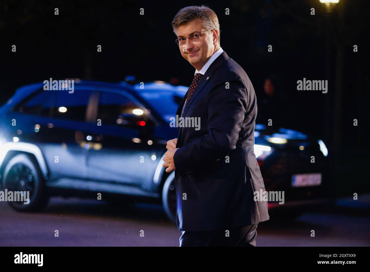 Brdo PRI Kranju, Slovénie. 05e octobre 2021. Le Premier ministre croate, Andrej Plenkovic, arrive au sommet UE-Balkans occidentaux qui se tiendra le 6 octobre 2021. (Photo de Luka Dakskobler/SOPA Images/Sipa USA) crédit: SIPA USA/Alay Live News Banque D'Images