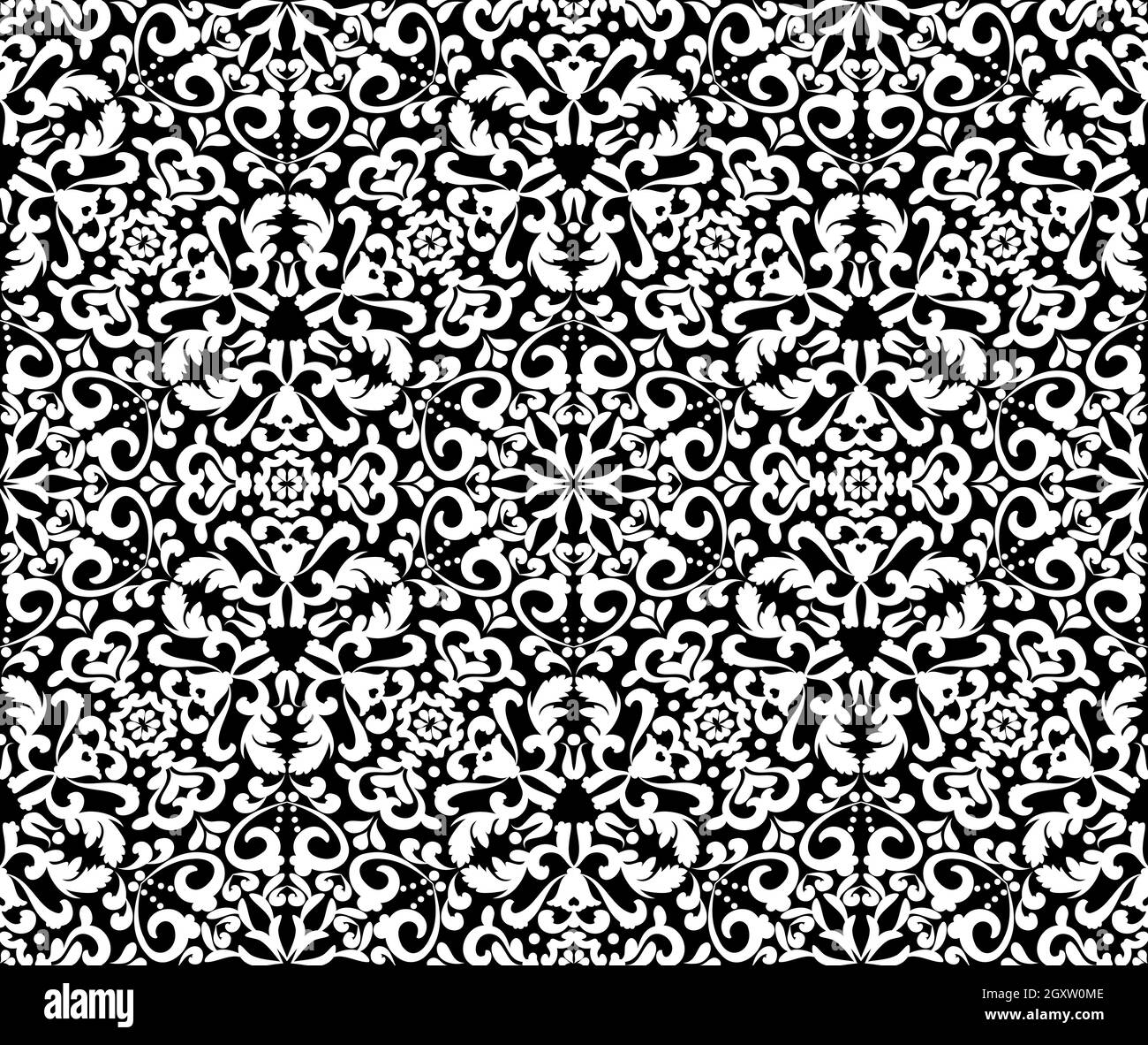 Motif blanc orné sur fond noir. Motif élégant sans coutures Demaski. Motif dentelle. Couleur noir et blanc. Motif graphique vectoriel vintage. Pour Illustration de Vecteur