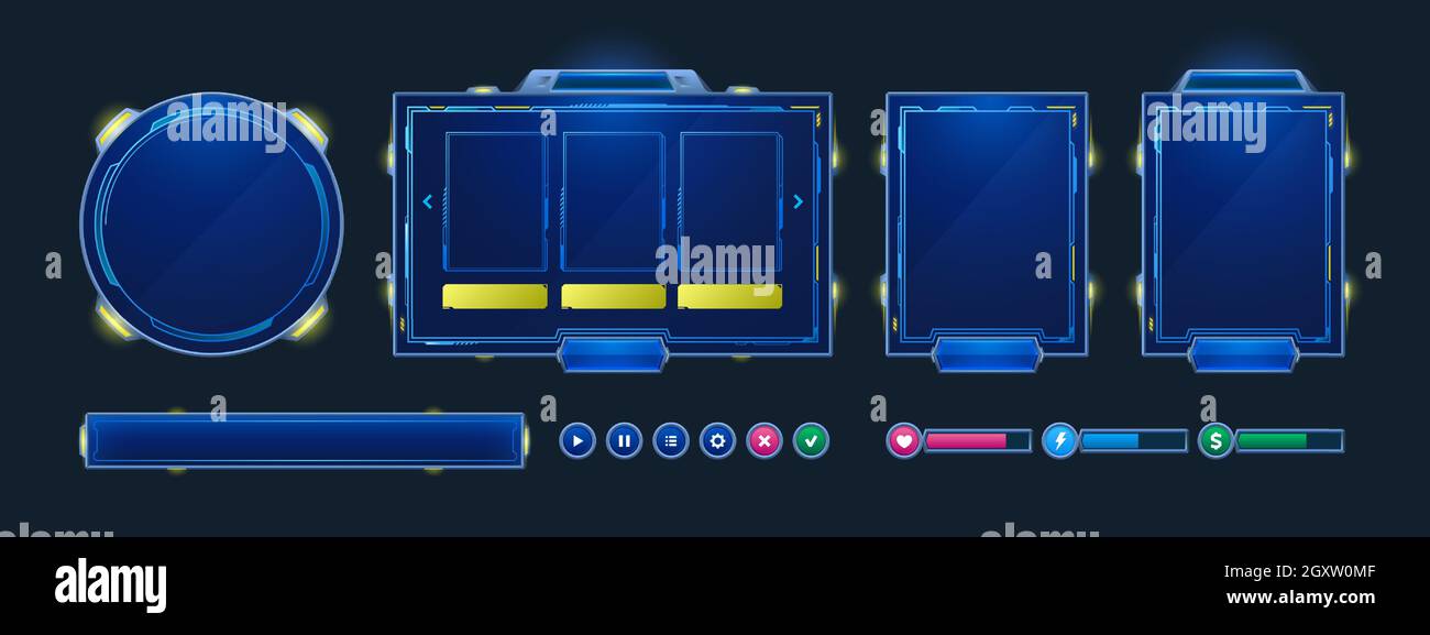 Superposition de flux d'espace, trame d'interface utilisateur de twitch de jeu. Écran de streaming, panneaux du nom d'utilisateur du joueur, menu et boutons. Modèle pour esport, vidéo en direct en ligne, bordures lumineuses de l'interface utilisateur numérique, jeu de vecteurs de dessin animé Illustration de Vecteur