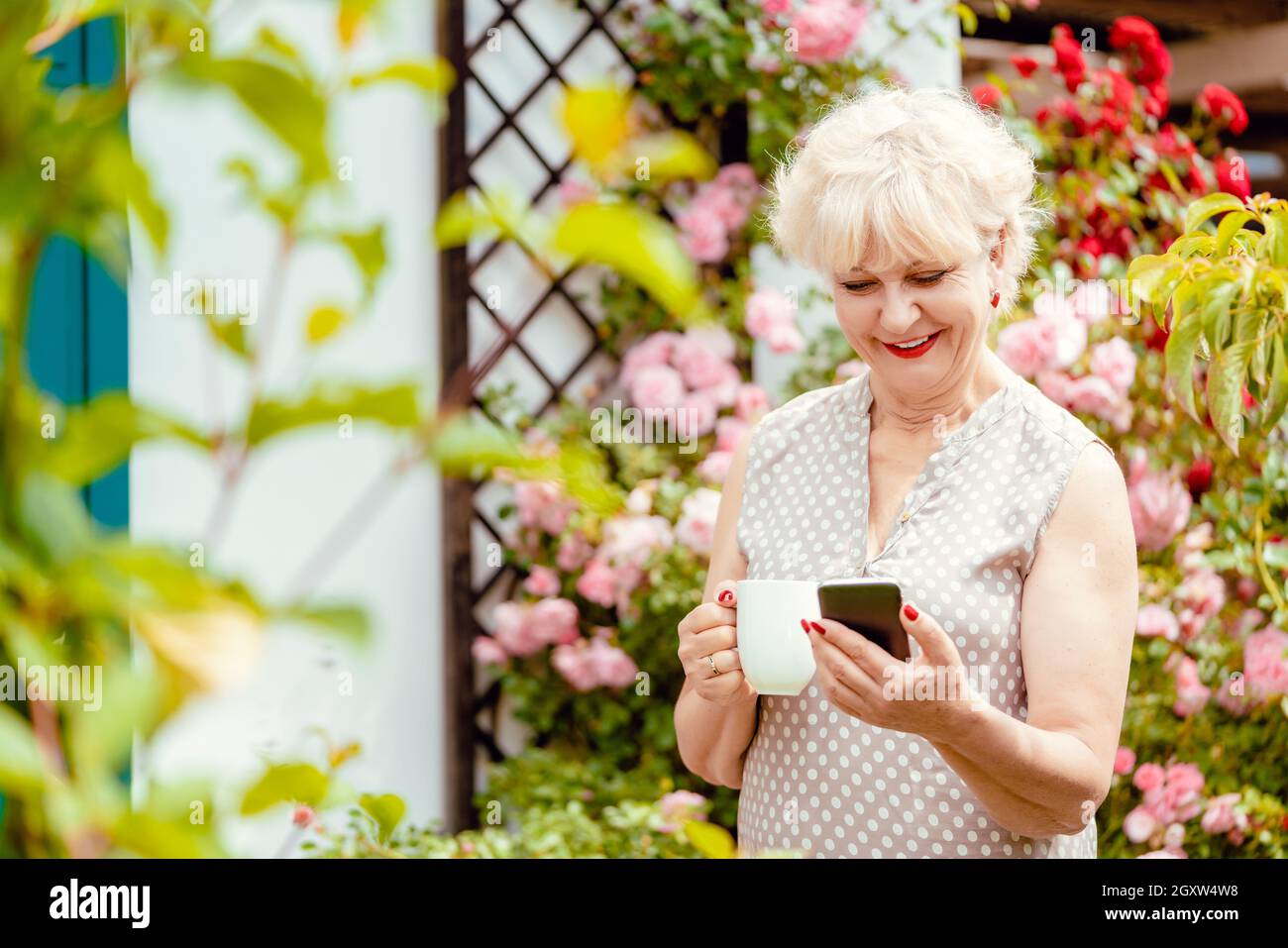 Une dame ou une grand-mère joyeuse utilisant un smartphone pour envoyer des SMS sa famille Banque D'Images