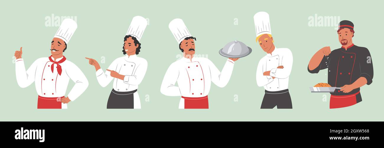 Jeu de personnages de dessin animé du chef de restaurant montrant différents gestes de main exprimant des émotions, illustration à vecteur isolé. Illustration de Vecteur